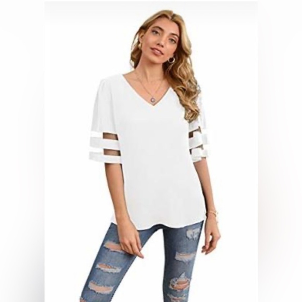 NWT-Jouica Women White Mesh Panel Shirt for Women V Neck 3/4 Bell Sleeve Blouse